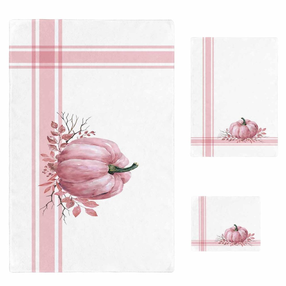 Blush Pink Pumpkin Bathroom Towel Set,Microfiber Bath Kitchen Beach Hand Dish Towels Set,Quick Dry Luxury Soft Decorative Towels+Set Clearance Bulk Decor(3-PC) Thanksgiving Eucalyptus Leaves