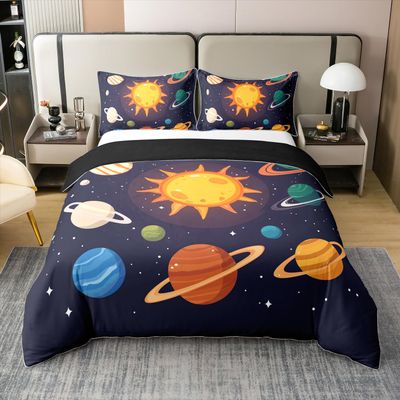 100% Cotton Planets Of Solar System Duvet Cover Queen Mercury Earth Mars Neptune Saturn Jupiter Comforter Cover for Kids Teens Universe Space Bedding Set Galaxy Starry Sky Quilt Cover Soft Comfy