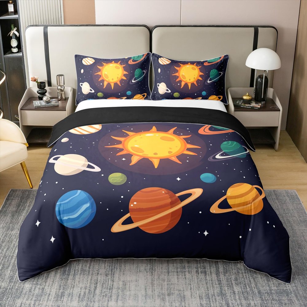100% Cotton Planets Of Solar System Duvet Cover Queen Mercury Earth Mars Neptune Saturn Jupiter Comforter Cover for Kids Teens Universe Space Bedding Set Galaxy Starry Sky Quilt Cover Soft Comfy