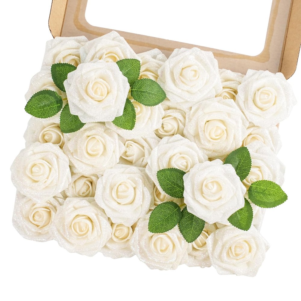 MACTING 30PCS Artificial Glitter Roses Real Looking Fake Flowers with Stem White Foam Roses for Wedding Bouquet Centerpieces Party Wreath Home Easter Spring Mothers Day Decorations