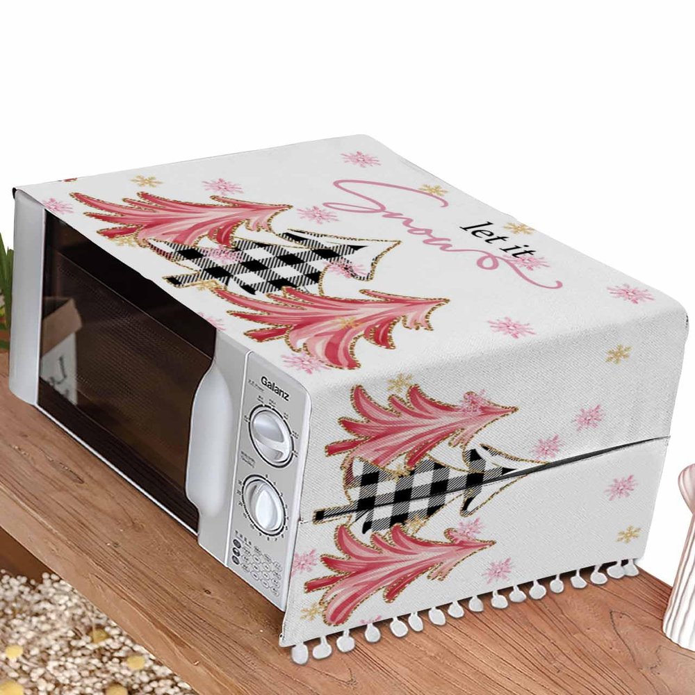 Christmas Tree Microwave Dustproof Cover Washer Dust Cover Machine Protector, Blush Pink Gold Snowflakes Buffalo Plaid Decorative Kitchen Appliance Cover with 2 Pockets 28x67