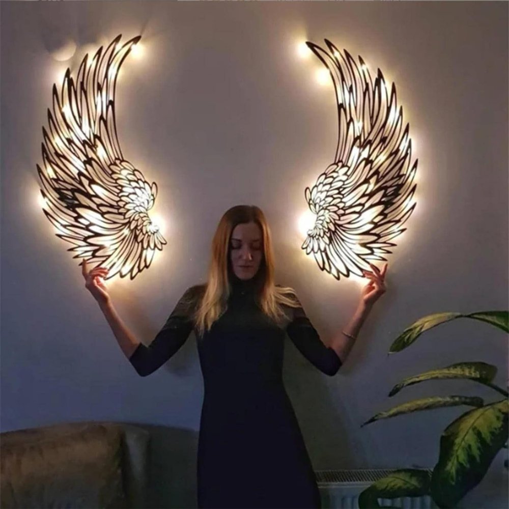 1 Pair Angel Wings Metal Wall Art, Angel Wings Metal Wall Art Decor with Led Lights, Black Hanging Angel Wing Wall Sculptures, Indoor Outdoor Wall Hanging Decorations 45*45cm/17.7*17.7inch