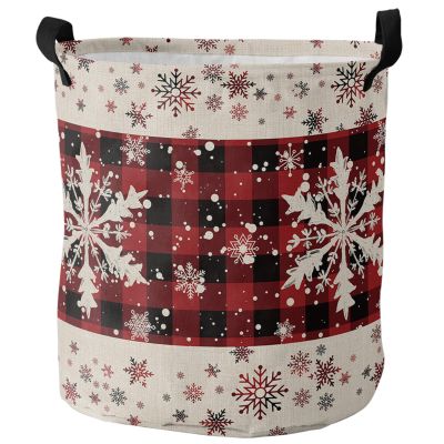 Christmas Large Laundry Basket, Waterproof Laundry Hamper for Baby Clothes, Winter Snowflake Xmas Red Black Plaid Burlap Foldable Laundry Baskets with Handles, 13.8''x17''