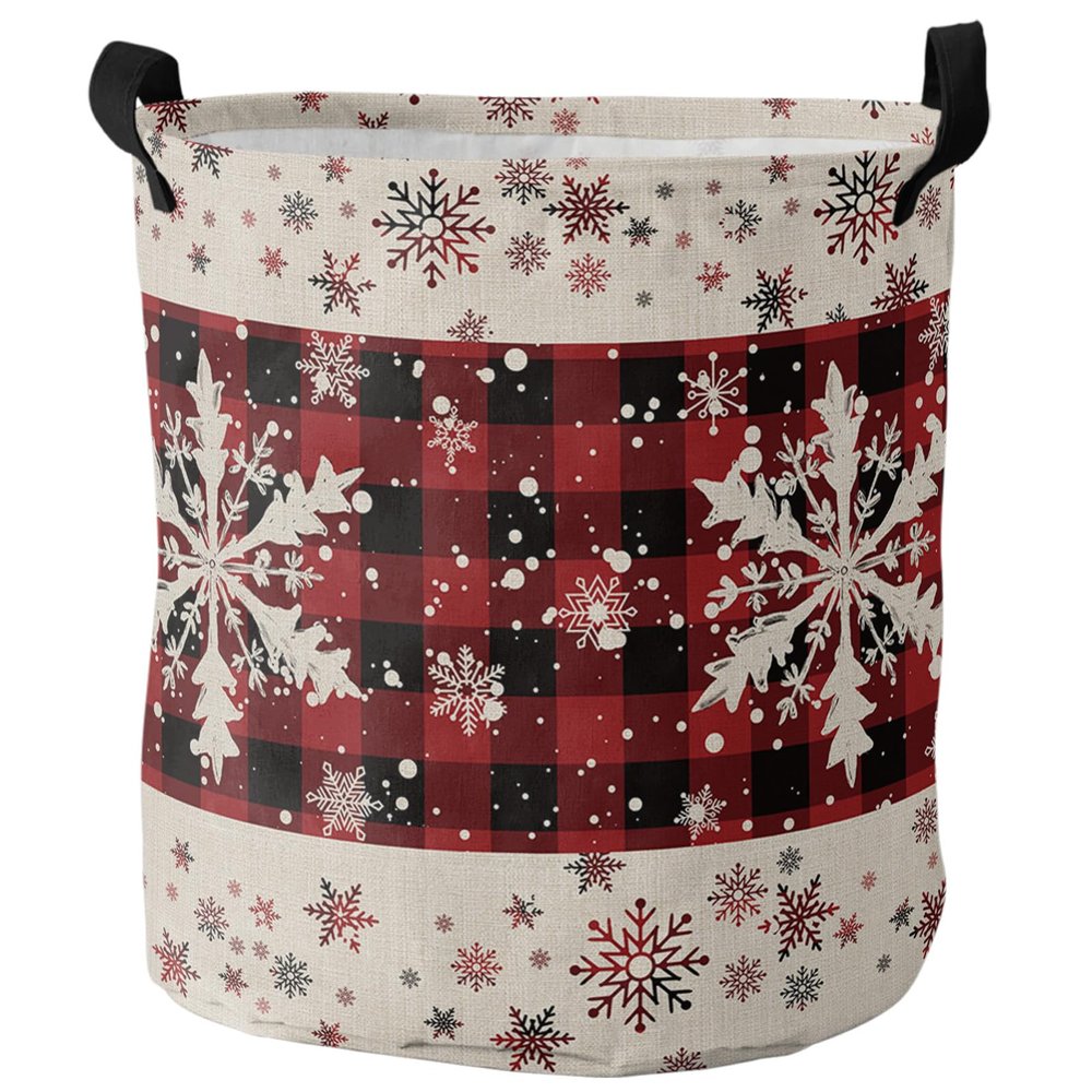 Christmas Large Laundry Basket, Waterproof Laundry Hamper for Baby Clothes, Winter Snowflake Xmas Red Black Plaid Burlap Foldable Laundry Baskets with Handles, 13.8''x17''