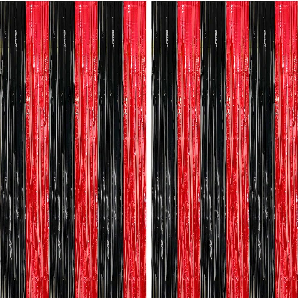 2 Pack Black and Red Foil Fringe Curtains Photo Booth Prop Tinsel Streamer Backdrops Birthday Party Supplies Graduation Xmas Holiday Party Decorations, 3.3 x 6.6 ft
