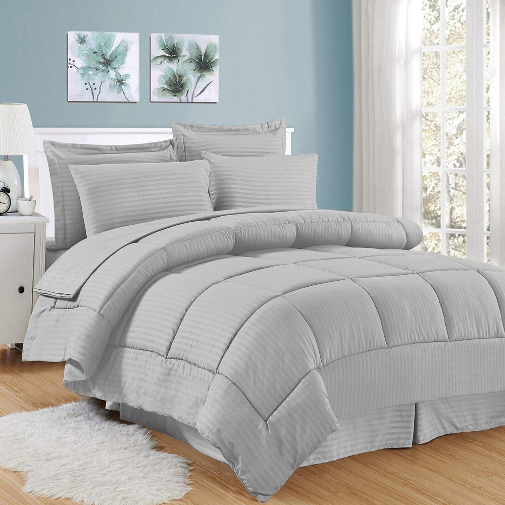 AHJ Beddings Royal 600 Thread Count Twin-XL Size 6 Piece Bed in a Bag (500GSM Fiber Fill Comforter, 15" Deep Pocket Sheet Set and Bed Skirt) 100% Egyptian Cotton - Silver Grey Stripe