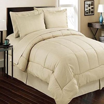 AHJ Beddings Royal 600 Thread Count Queen Size 8 Piece Bed in a Bag (500GSM Fiber Fill Comforter, 15" Deep Pocket Sheet Set and Bed Skirt) 100% Egyptian Cotton - Beige Stripe