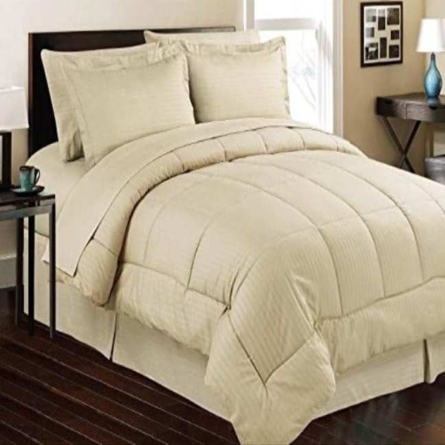 AHJ Beddings Royal 600 Thread Count Queen Size 8 Piece Bed in a Bag (500GSM Fiber Fill Comforter, 15" Deep Pocket Sheet Set and Bed Skirt) 100% Egyptian Cotton - Beige Stripe
