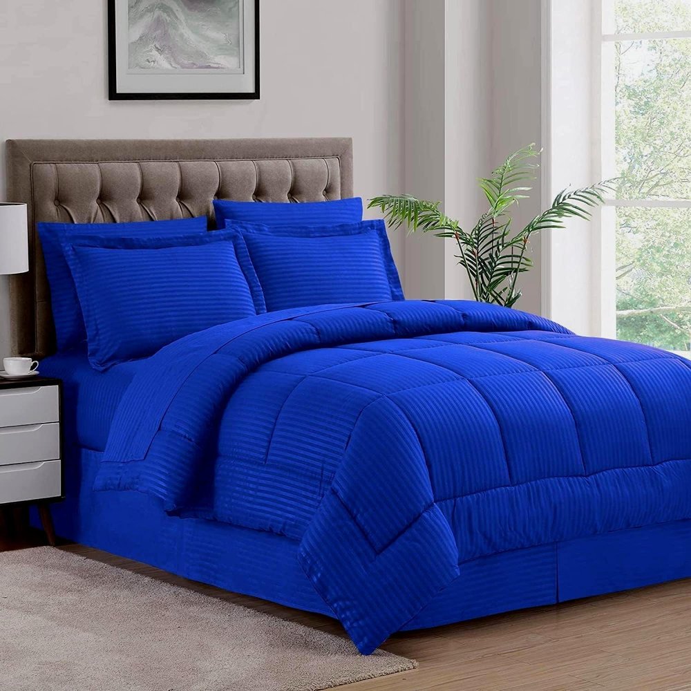 AHJ Beddings Royal 600 Thread Count Queen Size 8 Piece Bed in a Bag (500GSM Fiber Fill Comforter, 18" Deep Pocket Sheet Set and Bed Skirt) 100% Egyptian Cotton - Egyptian Blue Stripe