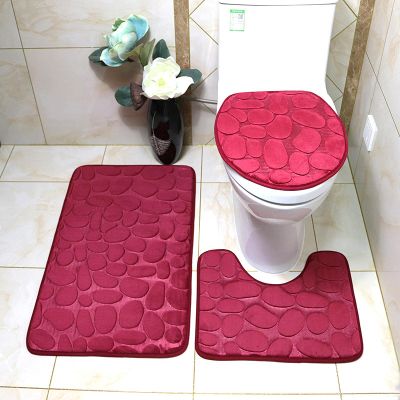 Pebbled Stone Toilet Three-Piece Set Bathroom Absorbent Non-Slip Carpet Floor mat 50 * 80+U50*40+38*43 Burgundy