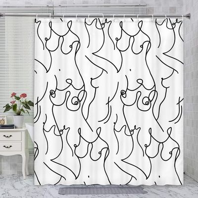 Funny Abstract Shower Curtain, Black and White Boobs Nude Women Female Body Hilarious Art Fabric Shower Curtains Set Accessories,Boho Simple Minimalist Line Female ShowerCurtain with Hooks, 70X75IN