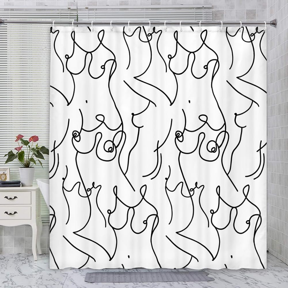 Funny Abstract Shower Curtain, Black and White Boobs Nude Women Female Body Hilarious Art Fabric Shower Curtains Set Accessories,Boho Simple Minimalist Line Female ShowerCurtain with Hooks, 70X75IN