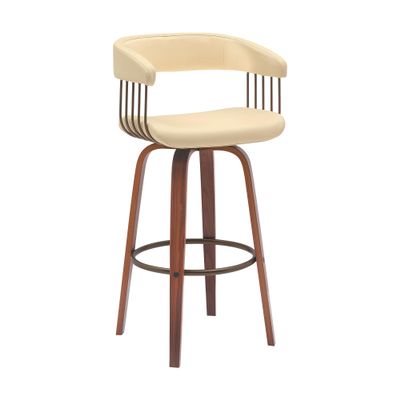 Armen Living Topanga 26" Seat Height Mid Century Modern Swivel Walnut Wood Bar Stool for Kitchen Island Counter in Cream Faux Leather with Golden Bronze Metal