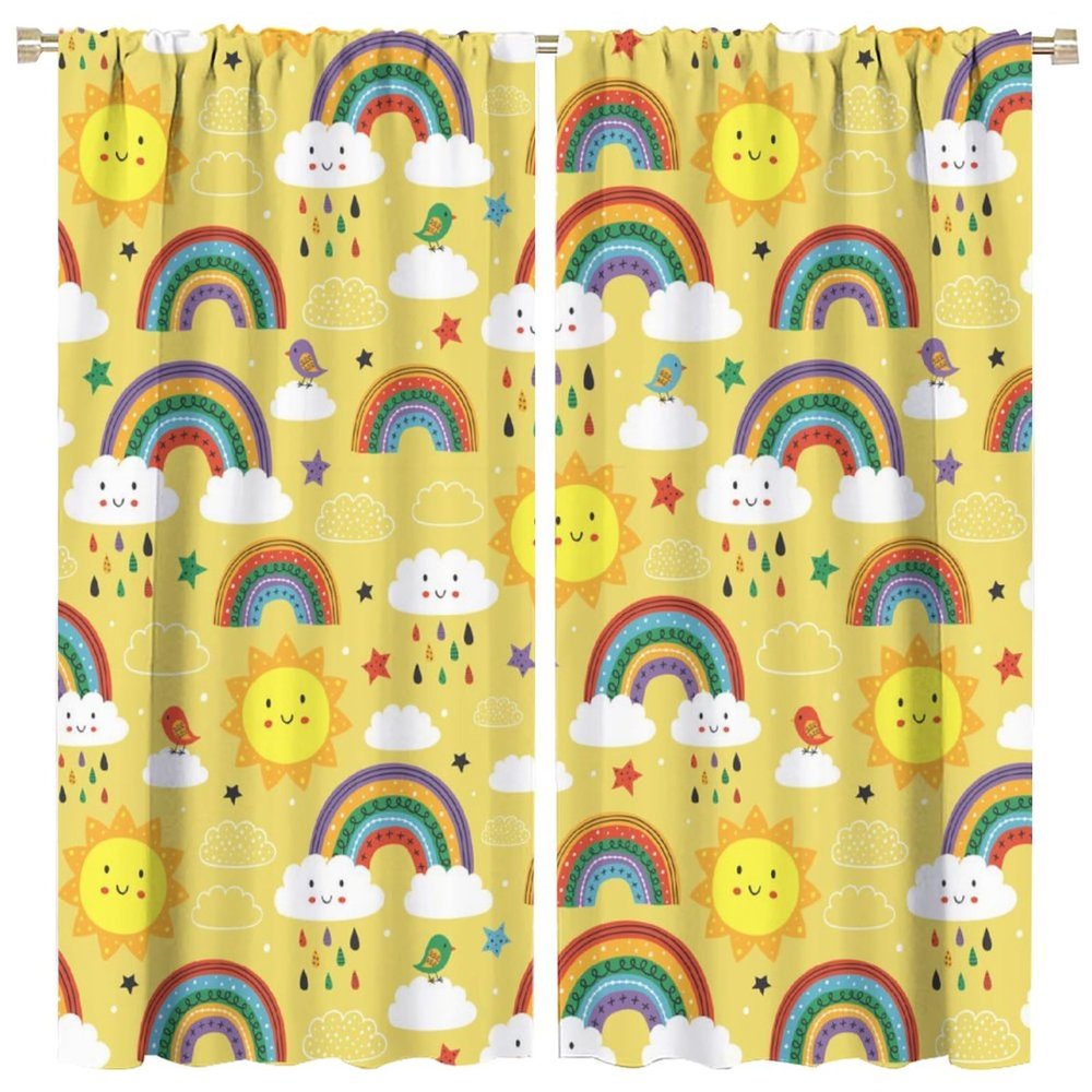 Abstract Boho Rainbow Curtain Boho Colorful Rainbow Lovely Moon Cloud Print Curtain Girl Bedroom Living Room Decorative Blackout Curtain W84 * L84 inch