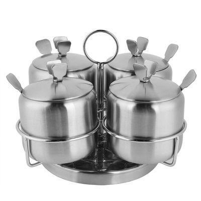 Topyond Stainless Steel Revolving Spice Jar Set, 4-Piece with Spoon Lids, 360 Rotating Rack, Dustproof & Rustproof Kitchen Storage Containers for Home Cooks, Countertop Organizer