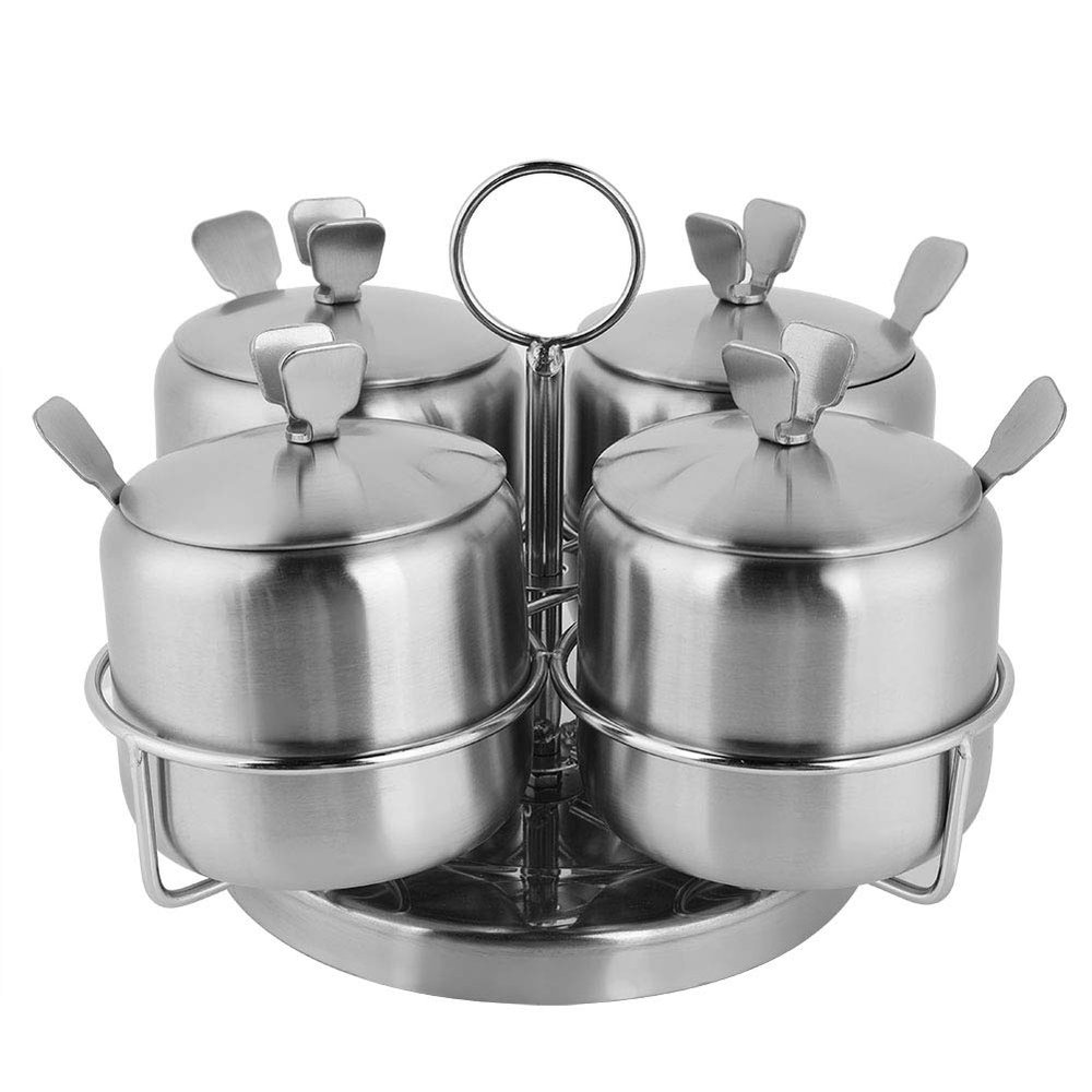 Topyond Stainless Steel Revolving Spice Jar Set, 4-Piece with Spoon Lids, 360 Rotating Rack, Dustproof & Rustproof Kitchen Storage Containers for Home Cooks, Countertop Organizer