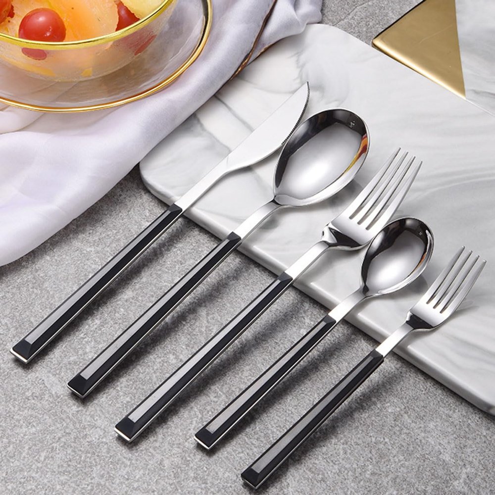 60 piece Silverware Set Black Handle Stainless steel Utensil Sets Serve for 12 Mirror Effect Exquisite Ergonomic Family Gatherings Wedding Banquet Formal Occasions Best Gift