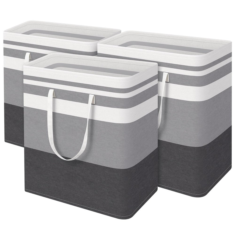 HomeHacks 3-Pack Large Laundry Basket, Waterproof, Freestanding Laundry Hamper, Collapsible Tall Clothes Hamper with Extended Handles for Clothes in The Dorm and Family-(Gradient Grey, 125L)
