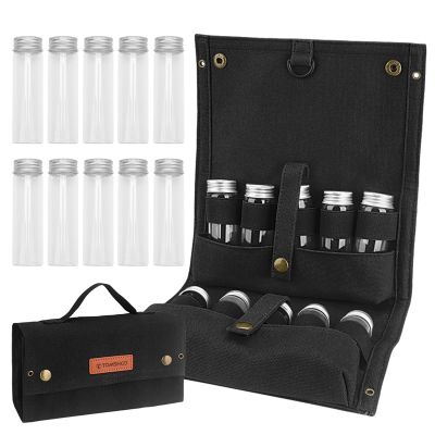 HUIOP Portable Spice Bag with 10 Spice Jars Canvas Seasoning Storage Bag Organizer Seasoning Bottle Holder for Outdoor Camping BBQ Picnic