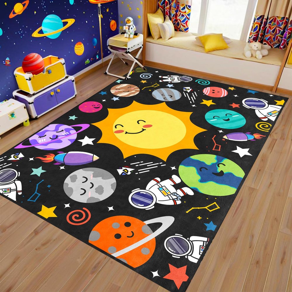 kodhyvj Outer Space Rug - Cute Universe Planet Rug for Boys Bedroom Cartoon Galaxy Themed Solar System Carpet Space Nursery Decor for Kids Room Classroom 2.5x4 Feet