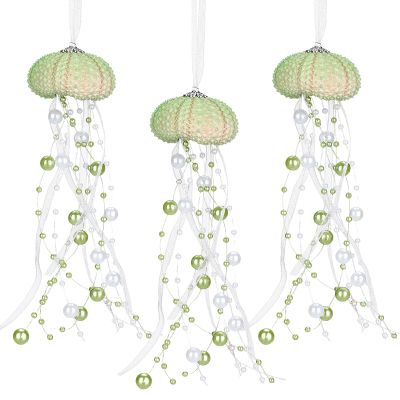 3 Pcs Sea Urchin Jellyfish Christmas Ornament Coastal Beaded Beach Theme Holiday Decorations Ocean Inspired Elegant Hanging Jellyfish Decorations with Crystal and Ribbons (Green)