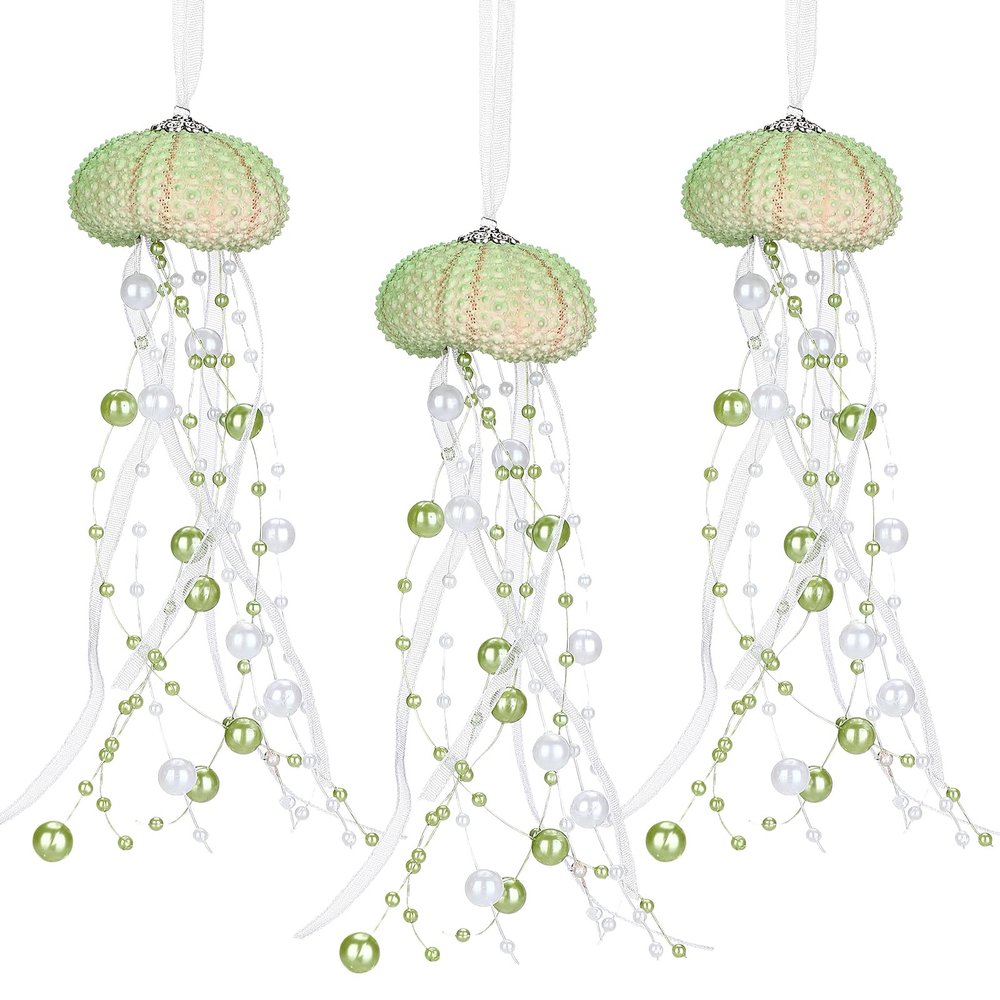 3 Pcs Sea Urchin Jellyfish Christmas Ornament Coastal Beaded Beach Theme Holiday Decorations Ocean Inspired Elegant Hanging Jellyfish Decorations with Crystal and Ribbons (Green)