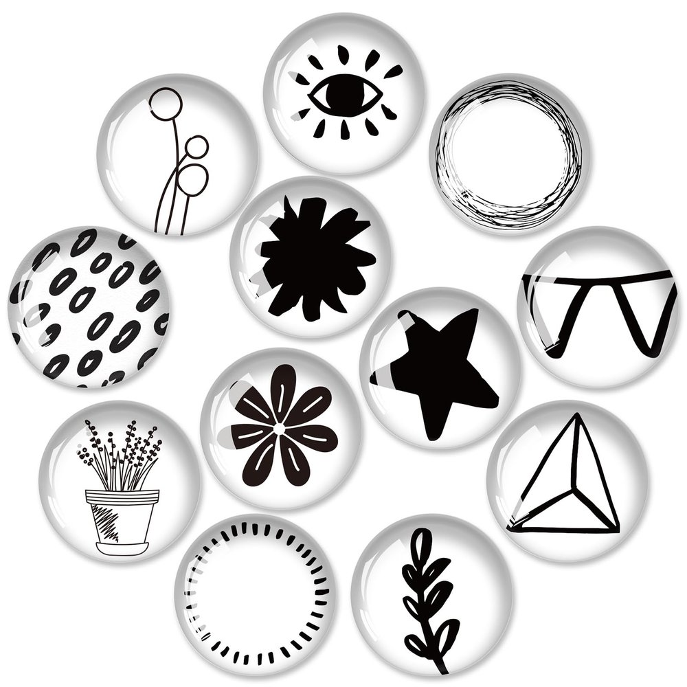 12Pcs Glass Strong Magnetic Refrigerator Magnet Fridge Sticker - Cute Dog Crystal Fridge Magnets Decoration,Office Whiteboard Magnets for Home Decor Crafts (Black and White Simple)