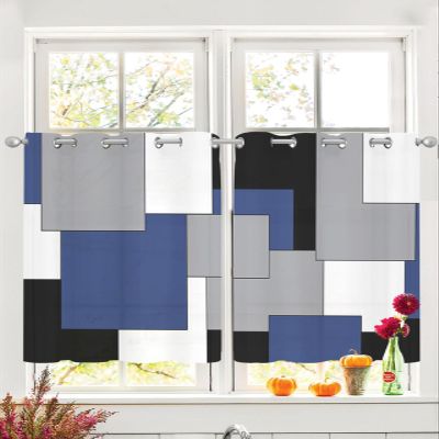 Abstract Sheer Curtains 39 inches Long for Living Room, Abstract Art Patchwork Black and Navy blue Window Treatments Light Filter Drapes Grommet Semi Sheer Curtains for Bedroom Kitchen Decor,2 Panels