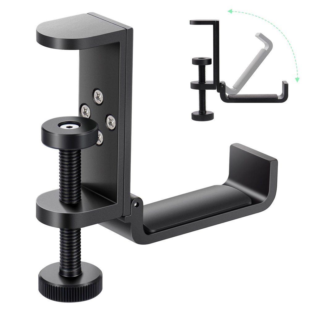 Shinewider All Aluminum Foldable Headphone Holder for Desk, Headset Stand for Desk,Backpack Holder Hook for Desk,Table Bag Hook,Under Desk Clamp Hook for Gaming PC Accessories,Black