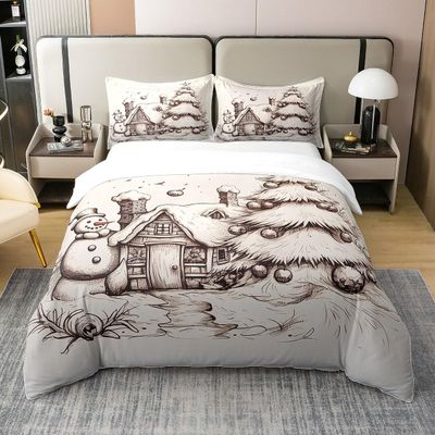 100% Natural Cotton Christmas Tree Duvet Cover Queen, Hand Drawn Snowman Bedding Set For Kids Adults, Christmas House Winter Illustration Comforter Cover, Grey Ball Bedroom Decor Quilt Cover