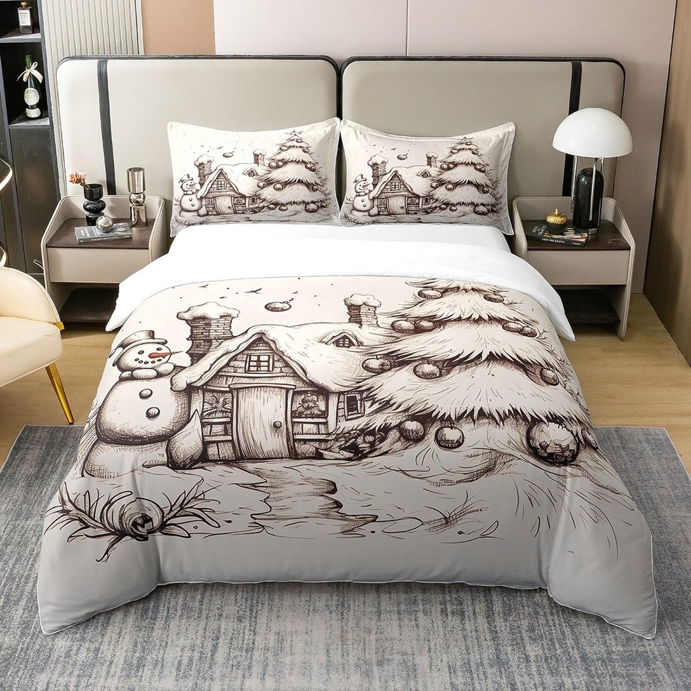 100% Natural Cotton Christmas Tree Duvet Cover Queen, Hand Drawn Snowman Bedding Set For Kids Adults, Christmas House Winter Illustration Comforter Cover, Grey Ball Bedroom Decor Quilt Cover