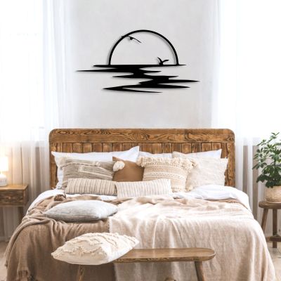 Sun Sparkle Metal Wall Decor, Sunrise Metal Wall Art , Metal Wall Decor Bohemian , Sun and Seagulls Wall Decor , Mid Century Boho Decor , Minimalist Line Art , Modern Sunset Interior Artwork , Housewarming Gift (Black, 27"x 13"|70x35cm)