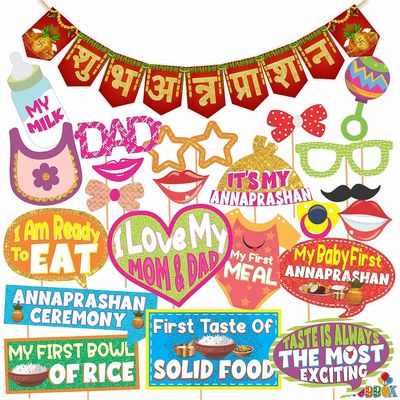 Annaprashan Photo Booth Party Props with Bunting Banner Hindi Font Shubh Annaprashan Red & Golden Gliter Color Font, Annaprashan Decoration Item