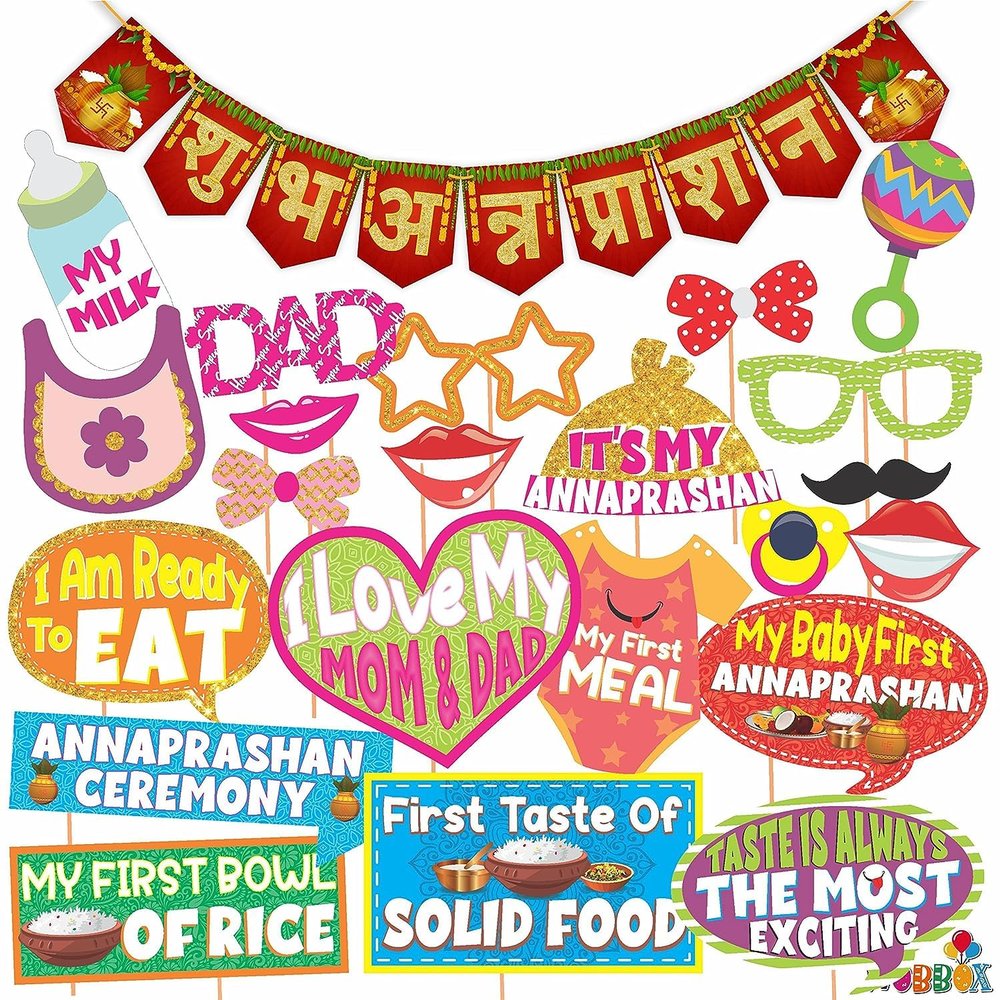 Annaprashan Photo Booth Party Props with Bunting Banner Hindi Font Shubh Annaprashan Red & Golden Gliter Color Font, Annaprashan Decoration Item