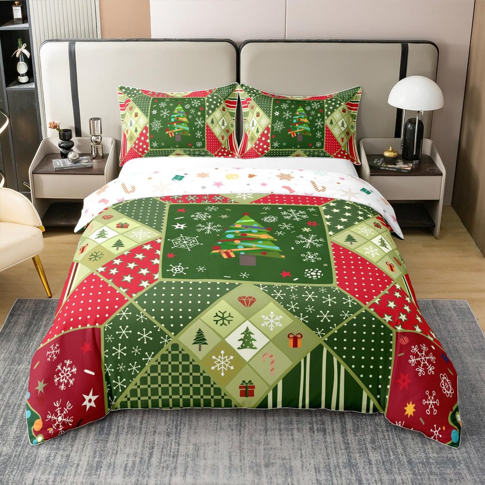 100% Natural Cotton Christmas Tree Duvet Cover Queen, Xmas Snowflakes Bedding Set For Kids Boys Girls, Winter Holiday Patchwork Comforter Cover, Green Red Stars Hearts Geometric Lattice Quilt Cover
