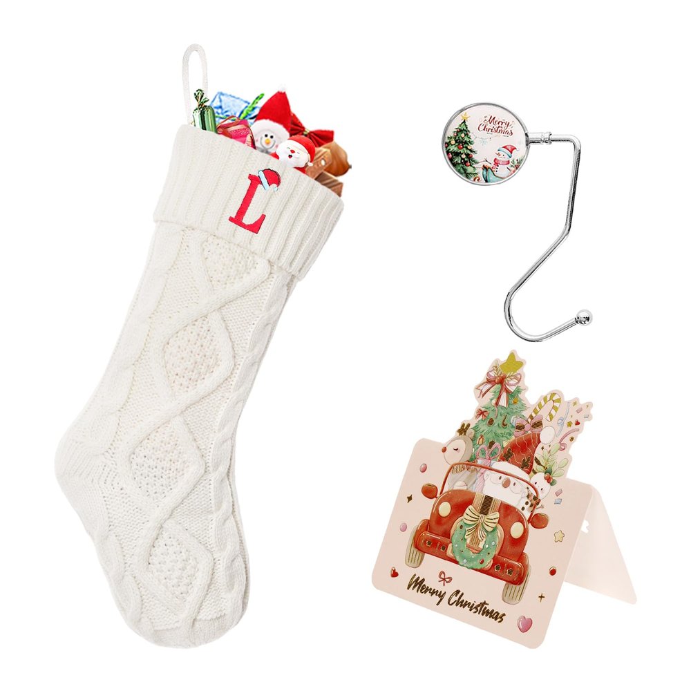CRSTAFU Christmas Stockings with Initials, 18 Large Embroidered Monogram Knit Letter Xmas Stocking for Fireplace or Party Decoration, Family and Kids Holiday Stocking (White L)