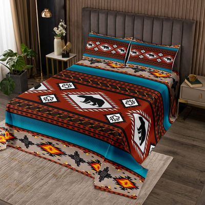 Black Bear Bedspread Set Indian African Tribal Geometric Coverlet Set,Southwestern Native Aztec Quilt Set Twin Lodge Cabin Woodland Animals Bedding Set,Vintage Bohemian Rustic Farmhouse Decor