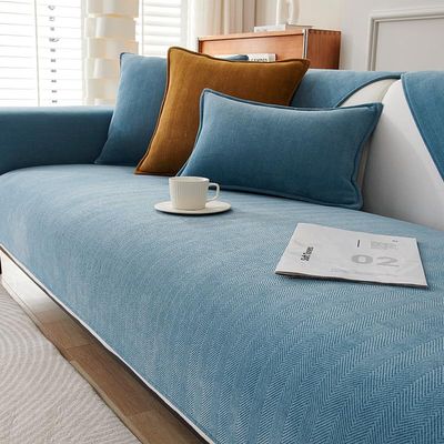 Herringbone Chenille Fabric Furniture Protector Sofa Cover, Handwoven Non-Slip Couch Cover (90 * 160 cm/35.4 * 63 in, Lake Blue)
