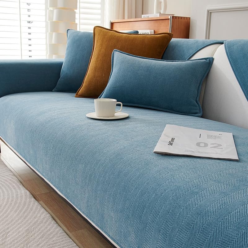 Herringbone Chenille Fabric Furniture Protector Sofa Cover, Handwoven Non-Slip Couch Cover (90 * 160 cm/35.4 * 63 in, Lake Blue)
