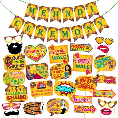 27 Pcs Mehandi Props for Photoshoot & 1 Pcs Mehndi Ceremony Banner Mehndi Props for Bride and Family Mehndi for Mehndi Ceremony Mehendi Backdrop Decoration Items