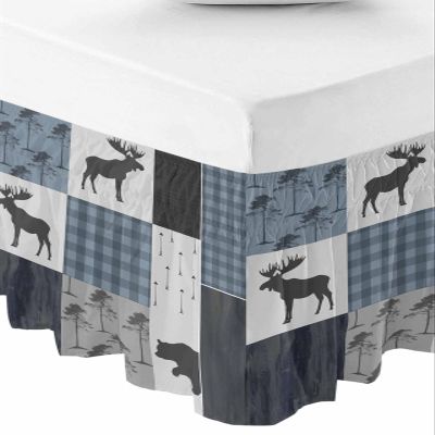 Farmhouse Forest Animals Bed Skirt Queen Size 18 Inch Drop, Adjustable Elastic Bedskirt Dust Ruffle for Queen Bed, Elk Bear Reindeer Blue Plaid Wrap Around Bed Skirts Luxurious Pleated Bed Frame Cover