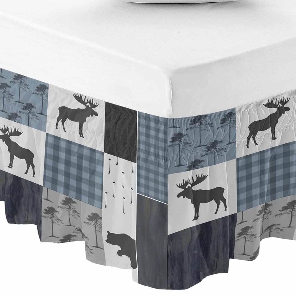 Farmhouse Forest Animals Bed Skirt Queen Size 18 Inch Drop, Adjustable Elastic Bedskirt Dust Ruffle for Queen Bed, Elk Bear Reindeer Blue Plaid Wrap Around Bed Skirts Luxurious Pleated Bed Frame Cover