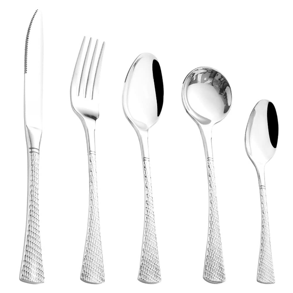 Hammered Silverware Set 50-Piece Stainless Steel Flatware Set for 10,Premium 18/10 Food-Grade Tableware Cutlery Utensil Sets for Home Restaurant Mirror Finish Dinnerware Sets UKBYN