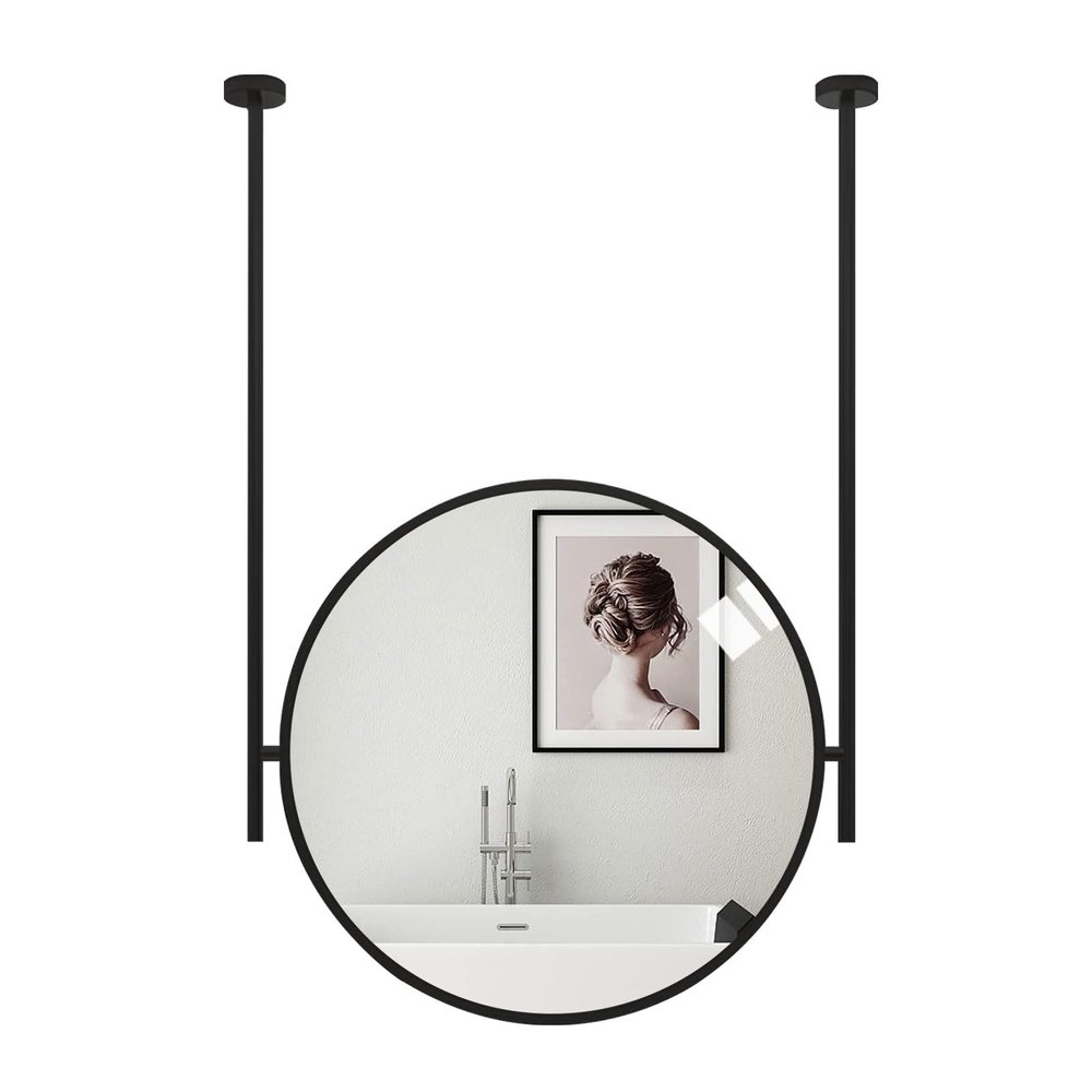 Drsyffsup Ceiling Hanging Round Mirror with Black Metal Framed, Bathroom Decorative Wall Vanity Mirrors Make-up Cosmetic - Customizable Metal Boom Hanging Mirror (Size : Diameter-70CM/27.6INCH)