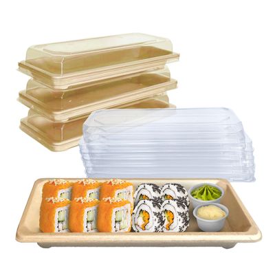 EcoQuality Small Compostable Sushi Trays with Lids - Natural Sugarcane Bagasse Take Out Sushi Container - Biodegradable, Disposable Sushi Plate with Lid, Eco Friendly, To go, Serving Tray (300)