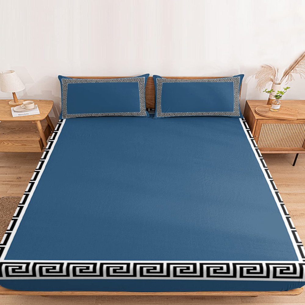 Abstract Greek Twin XL Fitted Sheets Deep Pocket Up to 16", Geometric Black Key Texture Frame Soft Single Mattress Cover with 1 Blue Decorative Pillowcase Bedsheet Set for Boys Girls Dorm Room
