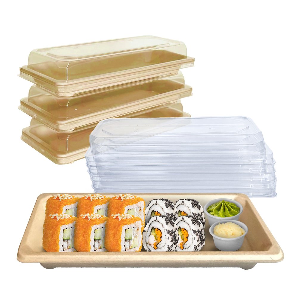 EcoQuality Small Compostable Sushi Trays with Lids - Natural Sugarcane Bagasse Take Out Sushi Container - Biodegradable, Disposable Sushi Plate with Lid, Eco Friendly, To go, Serving Tray (150)