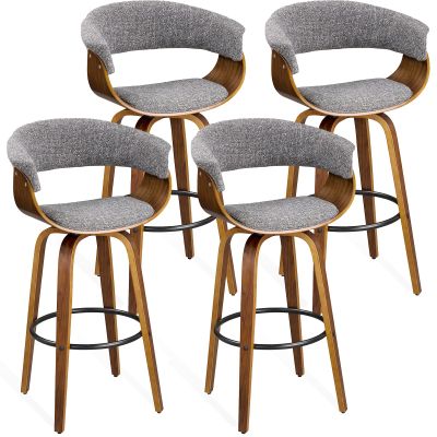Glitzhome Bar Height Swivel Barstools Set of 4, 29.5 Seat Height Upholstered Fabric Bar Chairs with Back& Footrest, Walnut Wood Frame Bar Stools for Kitchen Pub, Home Bar,Grey