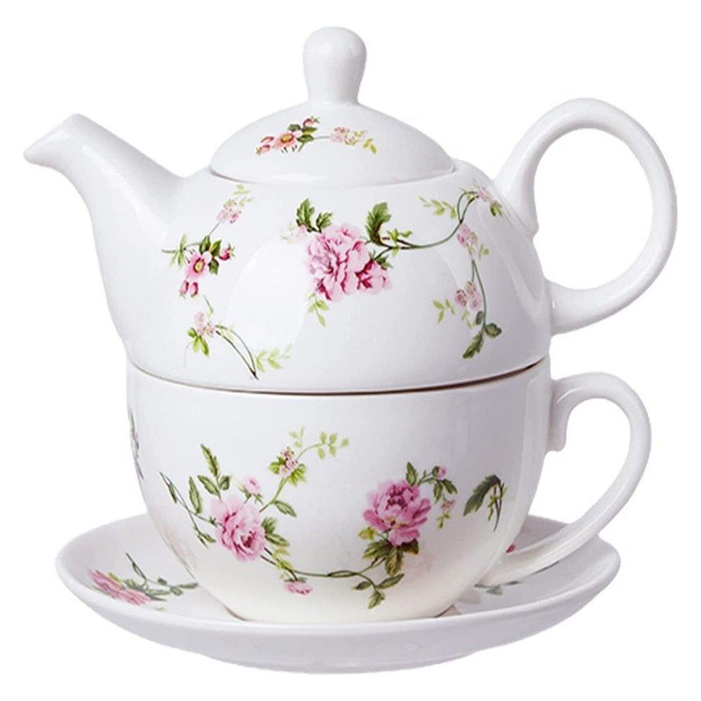ZARUX Teapot and Cup Set Teapot and Cup Set for 1, Tea for One Teapot and Cup Set, One Cup Teapot, Bone China Tea Set, Tea Pot Gift Sets for Women-Pot 500ml,Cup 350ml (Color : B)