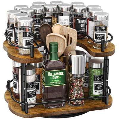 Lazy Susan Organizer Spice Rack - Spice Organization for Cabinet Height Adjustable Rotating Lazy Turntable, Pantry Kitchen Wood Revolving Seasoning Organizer (12 Inch)